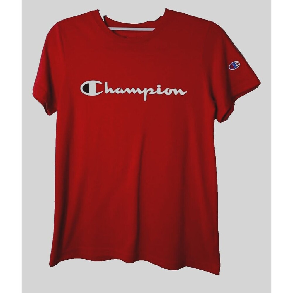 Champion T-Shirt Boys Size M Red Graphic Script Logo Cotton Blend Short Sleeve